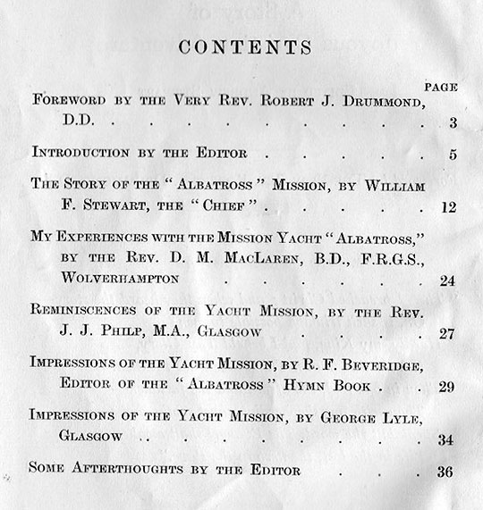 'The "Albatross" Yacht Mission' - 1930s leaflet - Contents