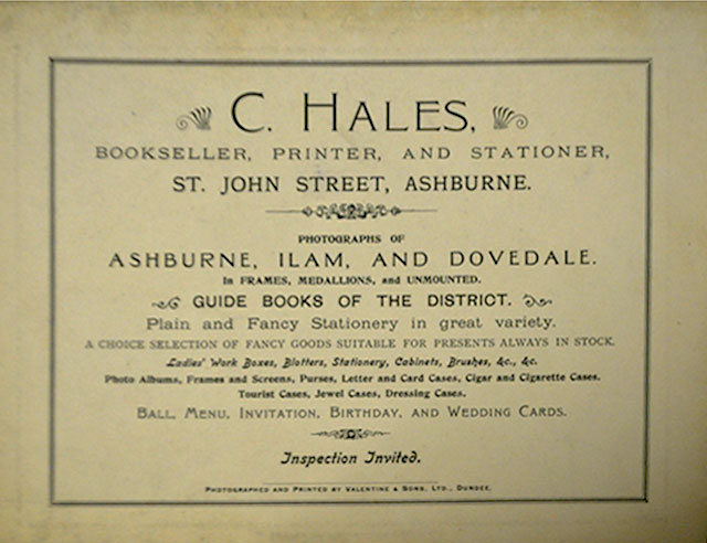 Photograph of the back page of a book photographed and printed by Valentine & Sons: "Photographic View Album of Ashburne & Dovedale"