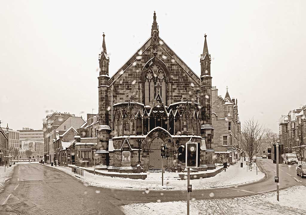 Bedlam Theatre, Bristo Place, photofraphed from the top deck of a bus in a snowstorm on Christmas Eve, 2009