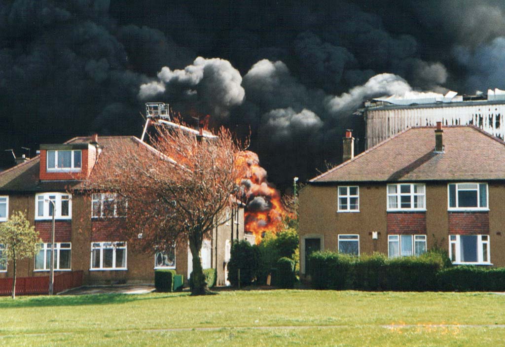 A major fire destroys Bruce Peebles' transformer factory at East Pilton on April 12, 1999