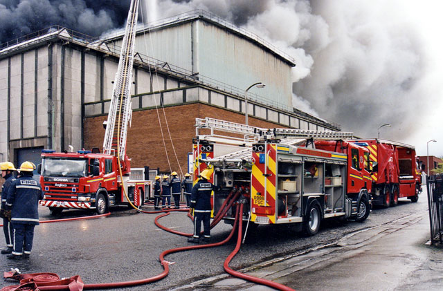 Fighting the fire at Bruce Peebles' works - 12 April 1999