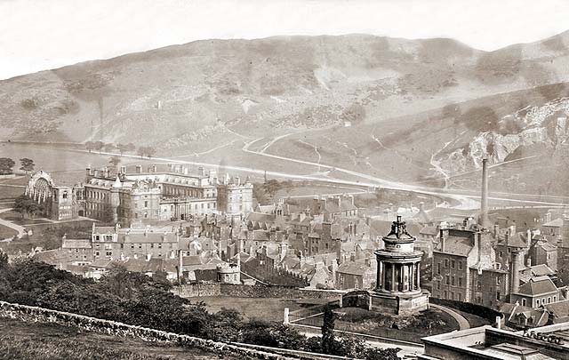 Burns Monument and Holyrood Palace - Holyrood Park in the background  -  Photograph by George Washington Wilson