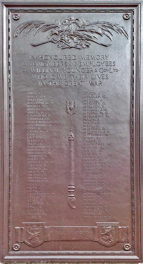 A Memorial plaque on the wall of Younger's Brewery in Holyrood Road - photographed in 1986.  The building was demolished in 1995.