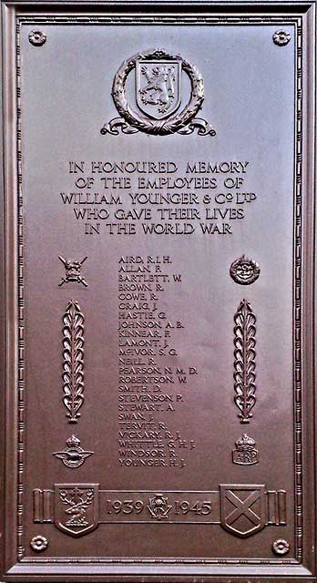 A Memorial plaque on the wall of Younger's Brewery in Holyrood Road - photographed in 1986.  The building was demolished in 1995.