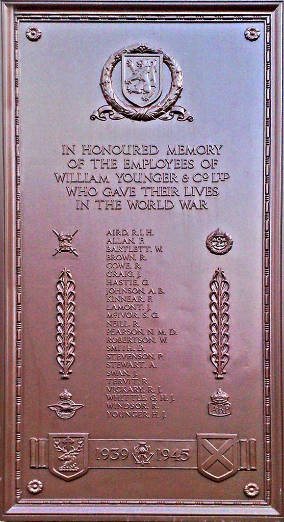 A Memorial plaque on the wall of Younger's Brewery in Holyrood Road - photographed in 1986.  The building was demolished in 1995.