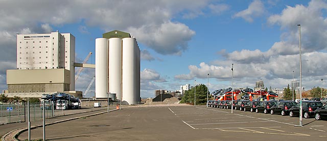 Chancelot Mill beside Leith Western Harbour, and imported cars  -  Septemeber 2005