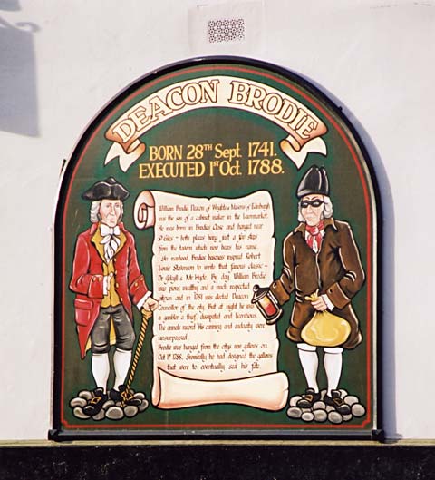 A sign on the side of Deacon Brodie's Tavern in Bank Street