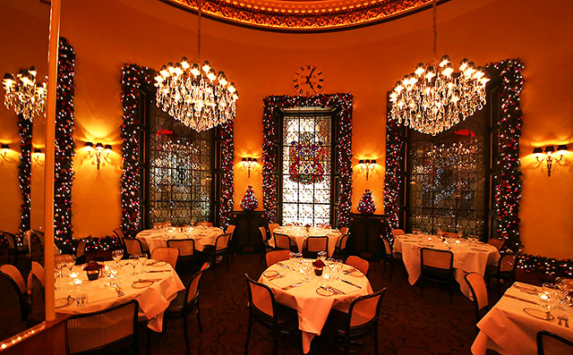 The Dome Restaurant, 14 George Street  -  Chandeliers, Chroistmas decorations and tables set for meals