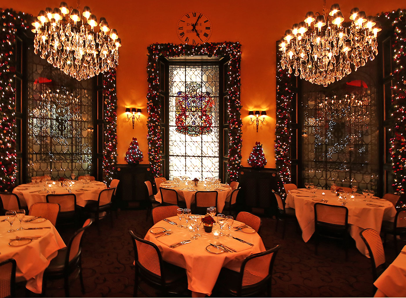 The Dome Restaurant, 14 George Street  -  Chandeliers, Chroistmas decorations and tables set for meals
