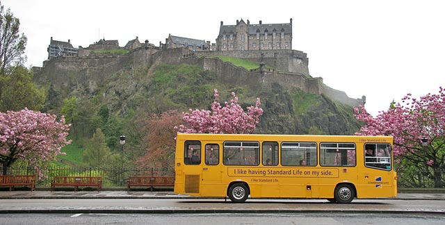 Edinburgh Castle seen from Princes Street  -  Trees in blossom  -  April 2007