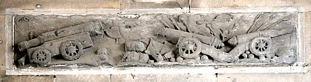 One of two carved stone panels high on the wall at the gatehouse to Edinburgh Castle