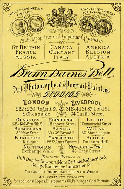 The back of a carte de visite by Brown Barnes & Bell - approx 1881-82