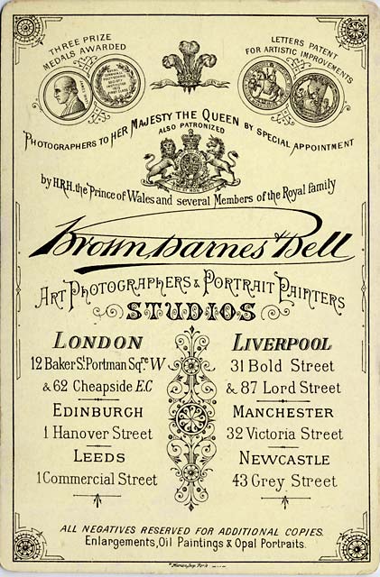The back of a cabinet print by Brown Barnes & Bell - approx 1886