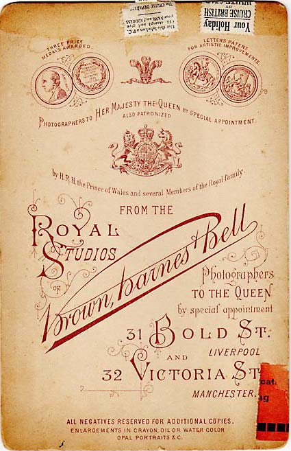 The back of a cabinet print by Brown Barnes & Bell - approx 1886