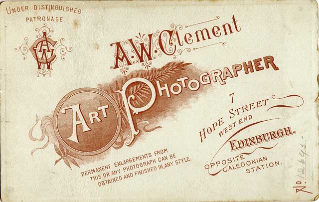 The back of a cabinet print from the studio of A W Clement, 1893-1900
