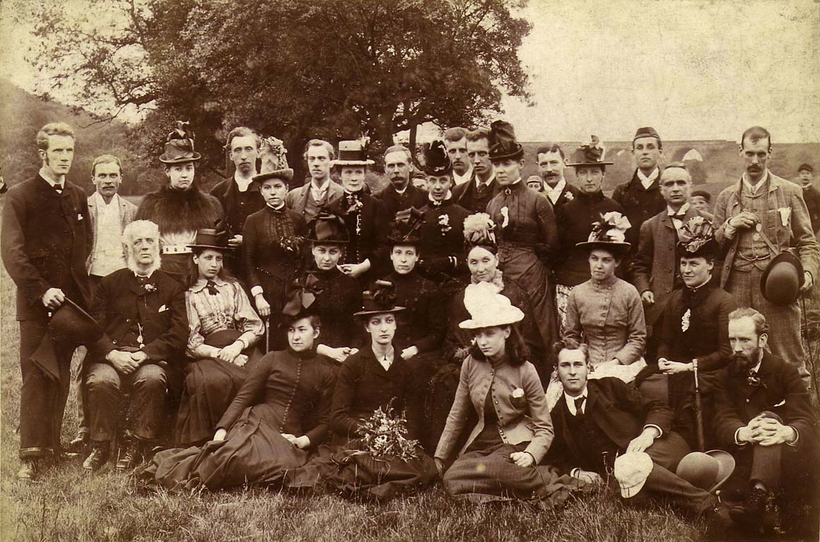 Enlargement of a cabinet print by James Pike showing an outdoor group with a viaduct in the background