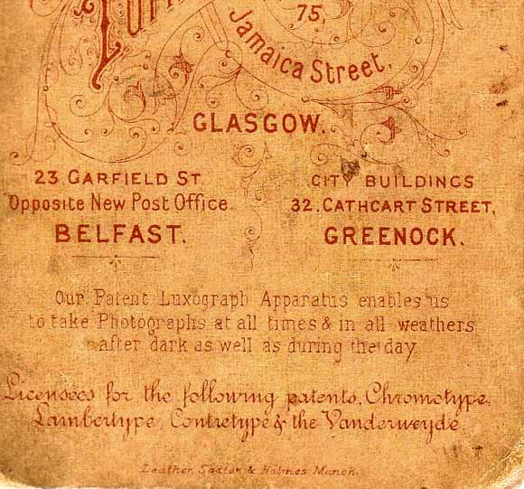 Detail from the back of a cabinet print from the studios of Turnbull & Sons, Glasgow, Belfast and Greenock