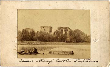 The front of a specimen carte de visite with an  1862 view of Queen Mary's Castle on an island in Loch Leven