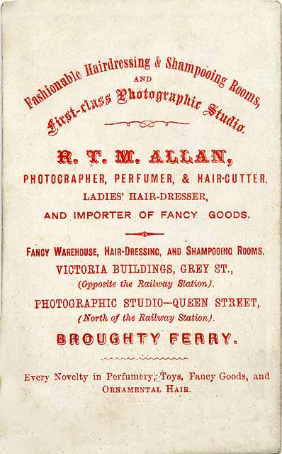 Carte de visite by R T M Allan, Photographer and Hairdresser, Broughty Ferry, Angus, Scotland.