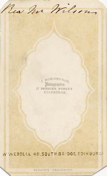 The back of a carte de visite by John Horsburgh  from studio at 39 South Bridge  -  with a sword and crown emblem