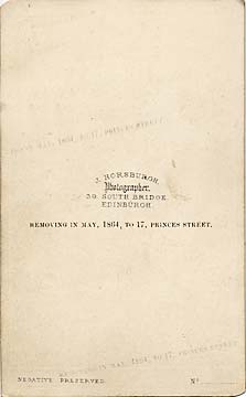 The back of a carte de visite by John Horsburgh  from studio at 39 South Bridge  -  with details of a move to Princes Street studio.
