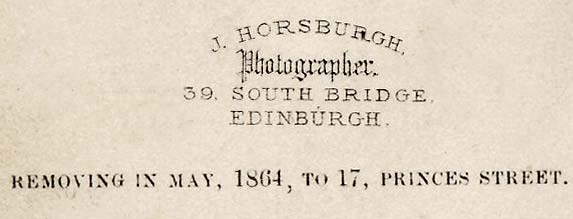 Detail from the back of a carte de visite by John Horsburgh  from studio at 39 South Bridge  -  with details of a move to Princes Street studio.