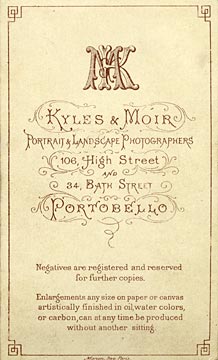The back of a carte de visite  -  Kyles & Moir  - 1877 to 1882  -  Four ladies