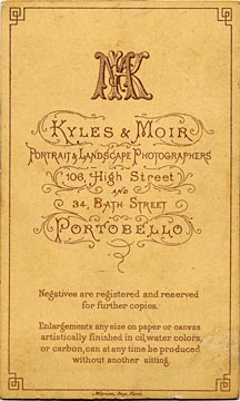 The back of a carte de visite  -  Kyles & Moir  - 1877 to 1882  -  A lady