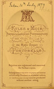 The back of a carte de visite  -  Kyles & Moir  - 1877 to 1882  -  Lady with locket