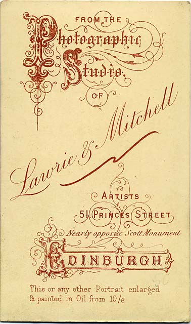 Enlargement of the back of a carte de visite by Lawrie & Mitchell