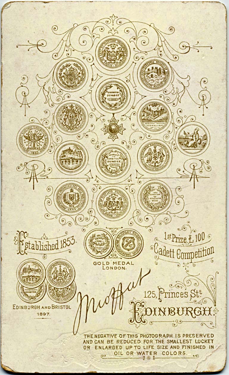 The back of a Moffat carte de visite  -  1897 and later  -  Ten Medals