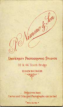 The back of a carte de visite by P Nimmo & Son  -  Two girls