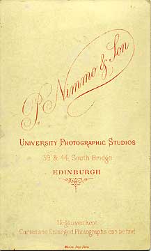 The back of a carte de visite by P Nimmo & Son  -  Lady and two girls