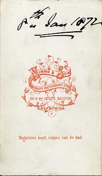 The back of a carte de visite by P Nimmo & Son  -  Lady at table  -  1872