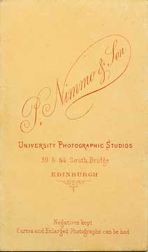 The back of a carte de visite by P Nimmo & Son  -  Man in chair