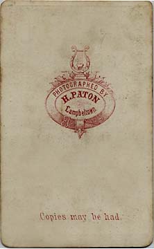 The back of a carte de visite by Hugh Paton  -  Hugh Paton's studio in Campbeltown