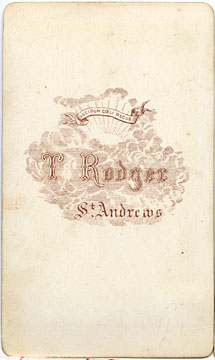 Carte de Visite of a girl from the St Andrews studio of T Rodger (back)