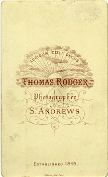 A carte de visite of a lady from Thomas Rodger's studio in St Andrews (back)