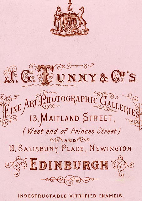 Zoom-in on the detail on the back of a Carte de Visite by J G Tunny & Co  -  1888-1897