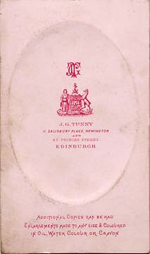 The back of a carte de visiet by James Good Tunny  -  1871-1874  -  Man with moustache