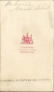 The back of a carte de visiet by James Good Tunny  -  1860-1870  - Mr Currie