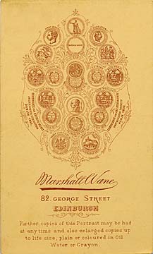 The back of a carte de visite from the Edinburgh studio of Marshall Wane  -  Lady with book