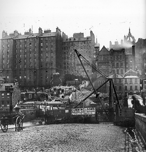 Waverley Bridge - Tunnel under construction and Edinburgh Old Town - Photograph by Begbie