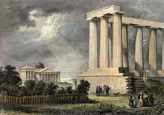 Engraving by T Dick after G Kemp  -  Published in London, c.1840  -  The National Monument and Observatory in Calton Hill