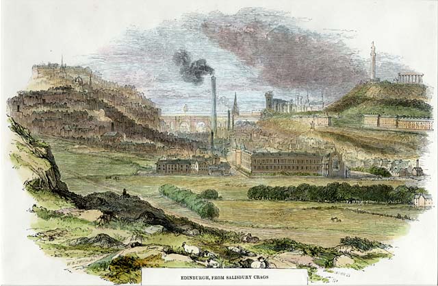 Wood engraving by W Linton, after a sketch by H Smith, c.1820  -  Edinburgh from Salisbury Crags