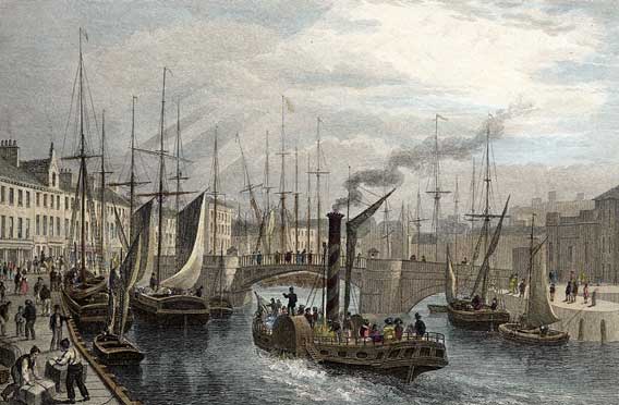Engraving from 'Modern Athens'  -  hand-coloured  -  Leith Harbour