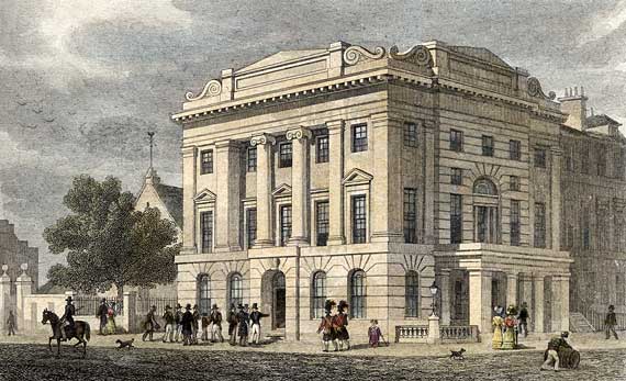 Engraving from 'Modern Athens'  -  hand-coloured  -  Leith Town Hall