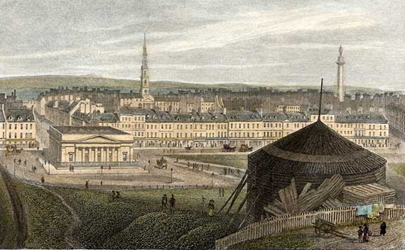 Engraving from 'Modern Athens' - hand-coloured - Edinburgh New Town from Ramsay Garden
