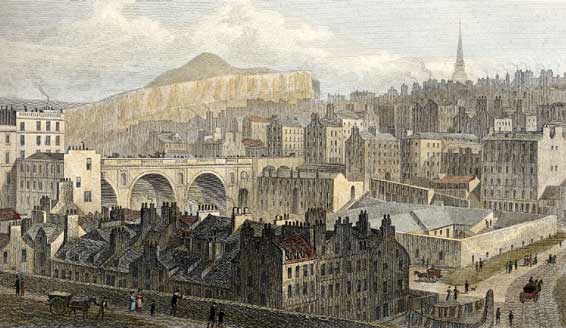 Engraving from 'Modern Athens'  -  hand-coloured  -  Edinburgh Old Town and North Bridge from Princes Street