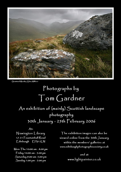 Poster for an exhibition of mainly landscape photography by Tom Gardner, Edinburgh Photographic Society